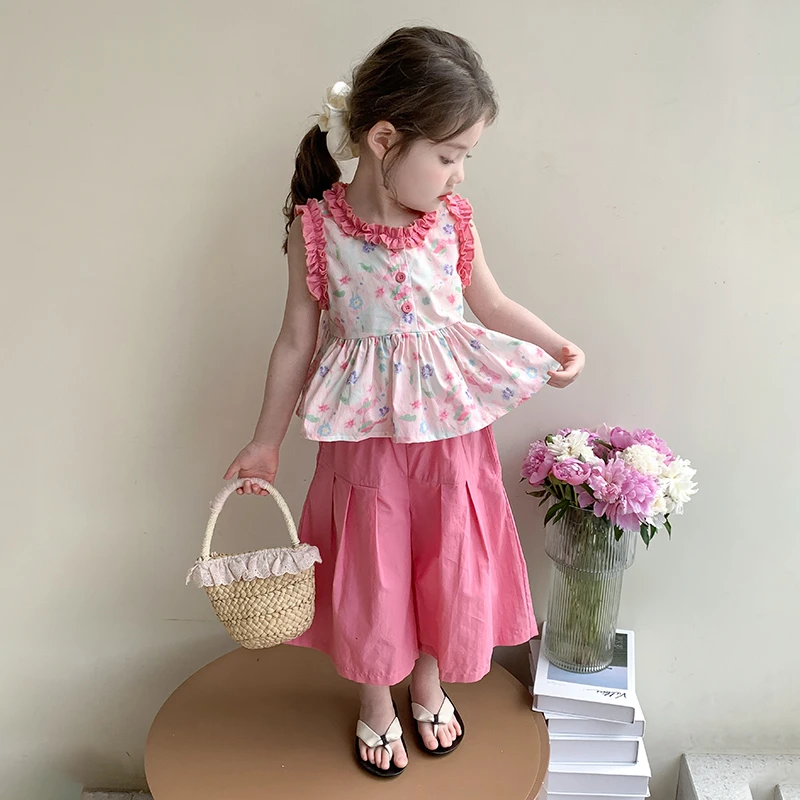 小女孩夏装洋气女童花边无袖套装时髦女宝宝背心阔腿裤两件套甜美