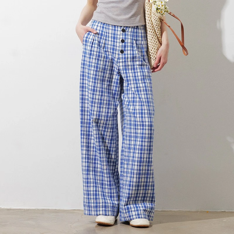 RPB BRAND 简约百搭格子松紧腰显瘦阔腿休闲裤女宽松拖地裤