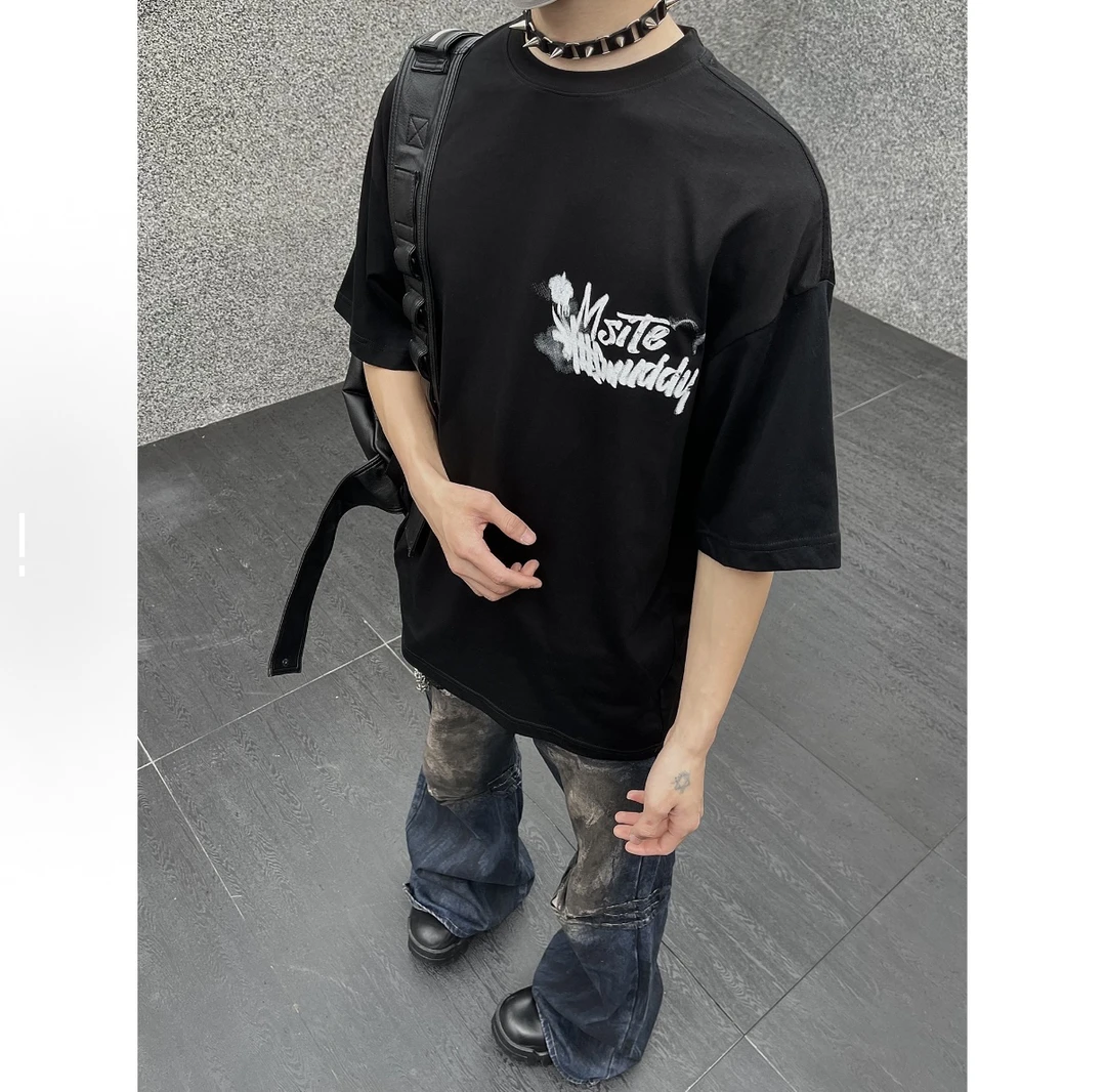 A31某饱一张！美式复古纯棉短袖！嘻哈风格模糊英文印花休闲短袖！