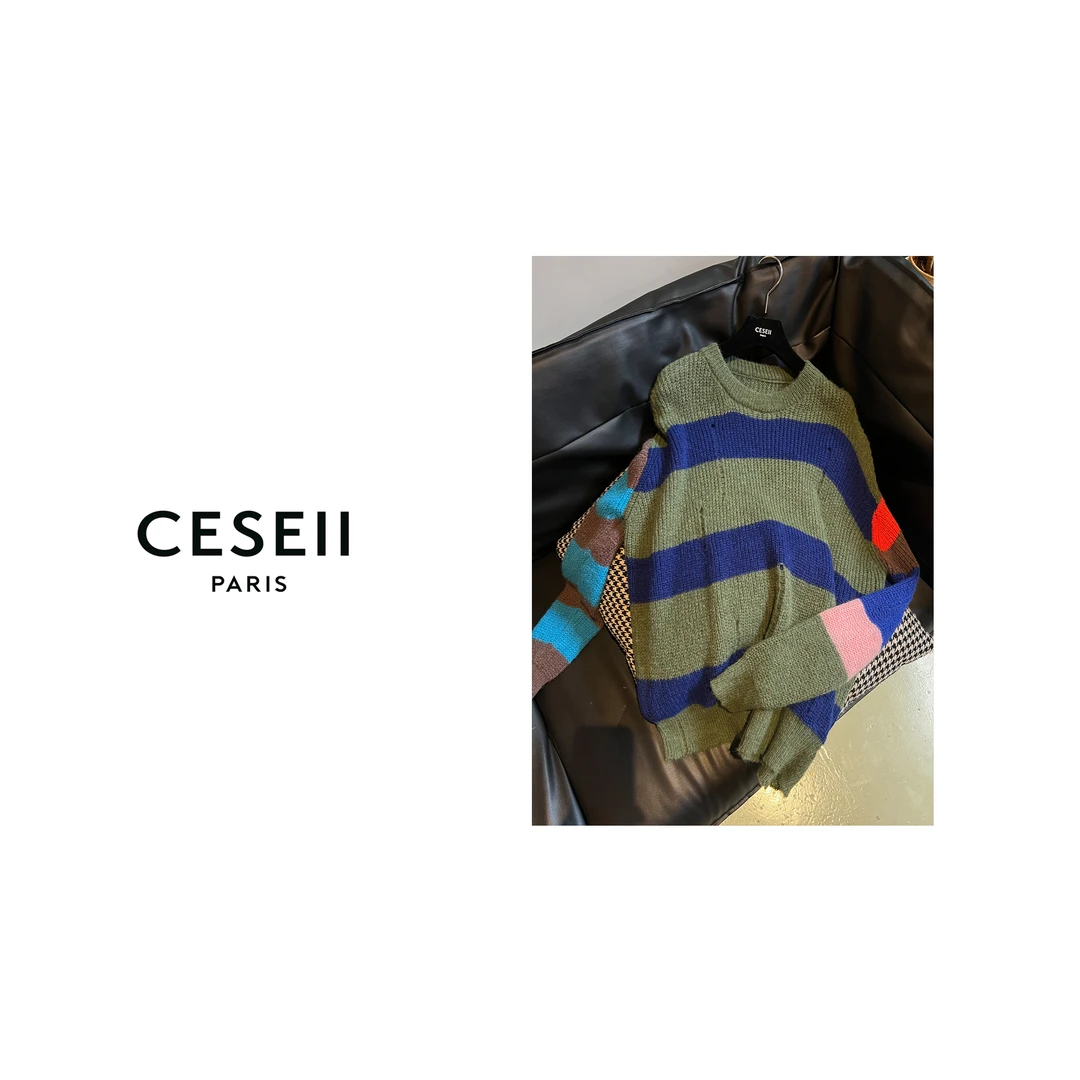 【XJ1118】CESEII秋季新款时尚条纹百搭毛衣套头衫
