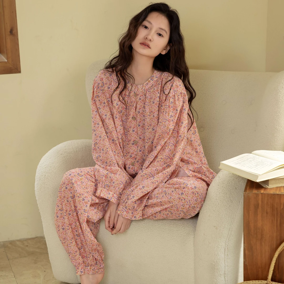 族玛士春秋季纯棉薄款睡衣套装女士宽松碎花长袖长裤家居服可外穿