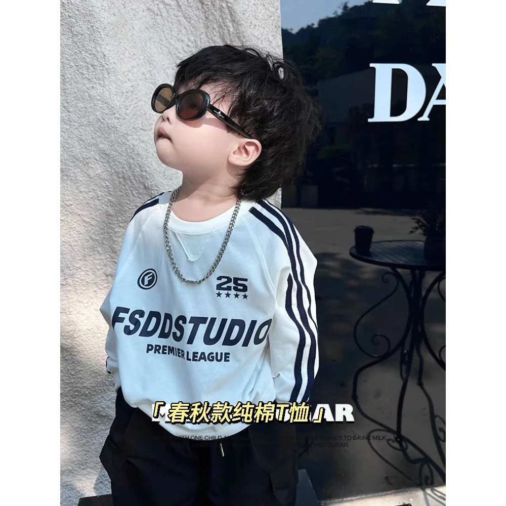 男童酷帅长袖T恤春秋薄款三杠撞色韩版洋气休闲潮款中大童打底衫