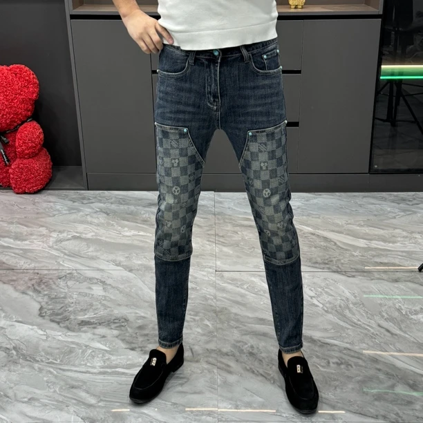 2261-秋冬男士高品质时尚欧货蓝色印花修身小脚牛仔裤