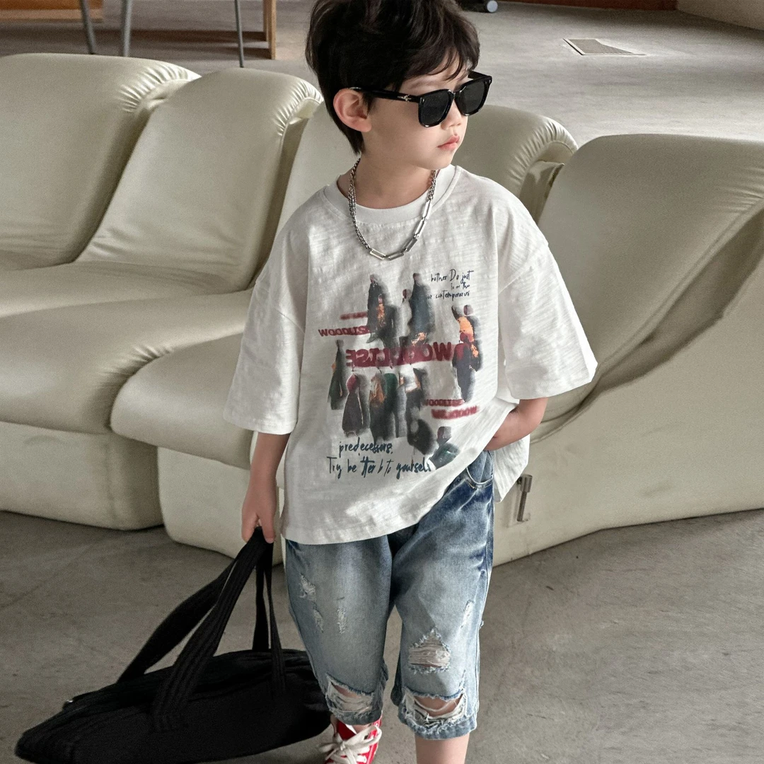 【不梵】新款儿童休闲中袖T上衣男孩印花宽松童装-HY25149