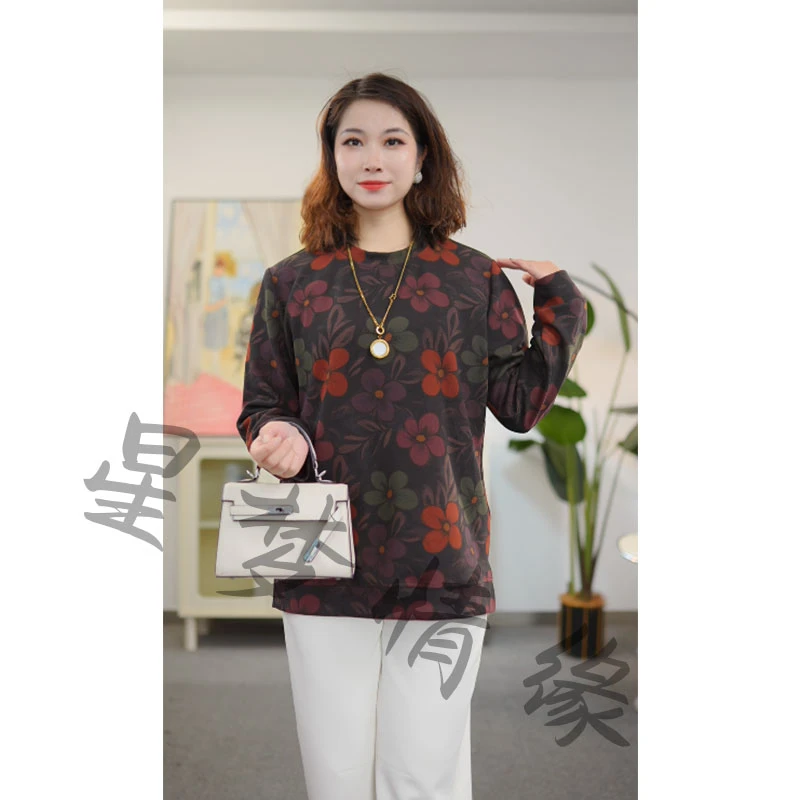 星梦情缘大码女装宽松型长袖印花圆领女休闲风透气常规大码T恤