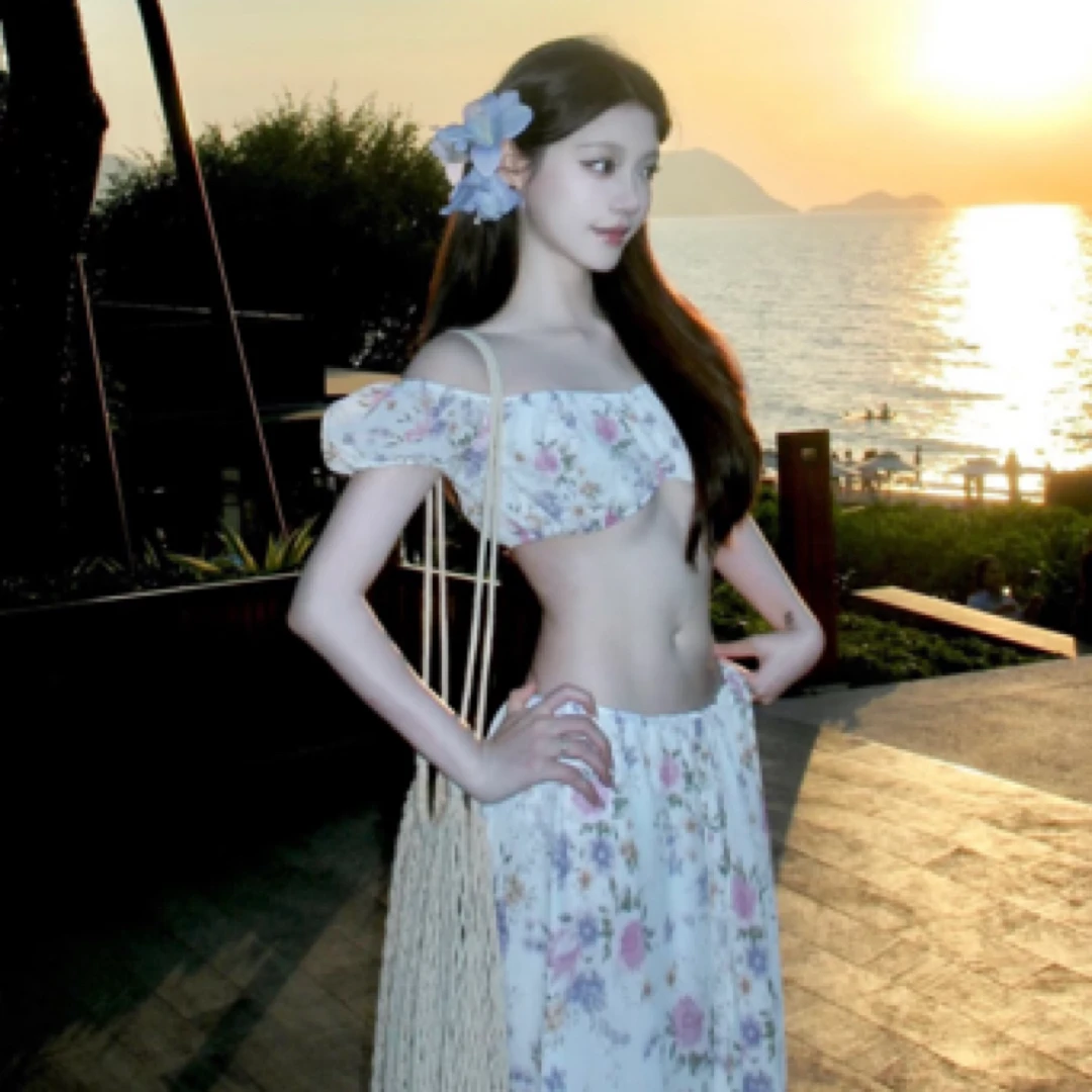 高级感气质显瘦女神小胸游泳衣女长裙款泳装印花女士泳衣沙滩裙