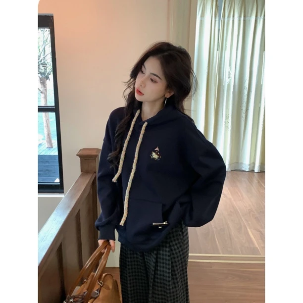 【赵小小yimao】76910 卡通刺绣连帽加绒减龄宽松卫衣外套