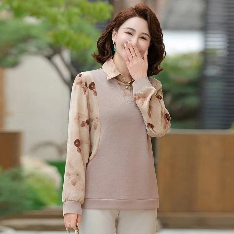 有机中老年翻领妈妈装棉针织衫假两件长袖宽松打底春季百搭套头