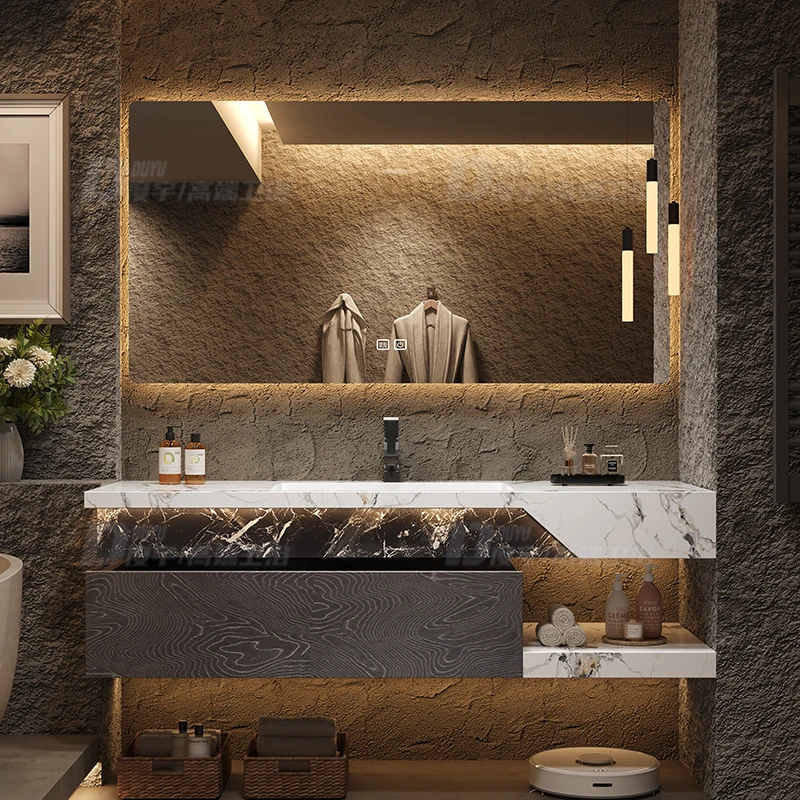 【奢石岩板双拼】高端轻奢双层酒店风一体盆浴室柜组合洗漱台卫生间