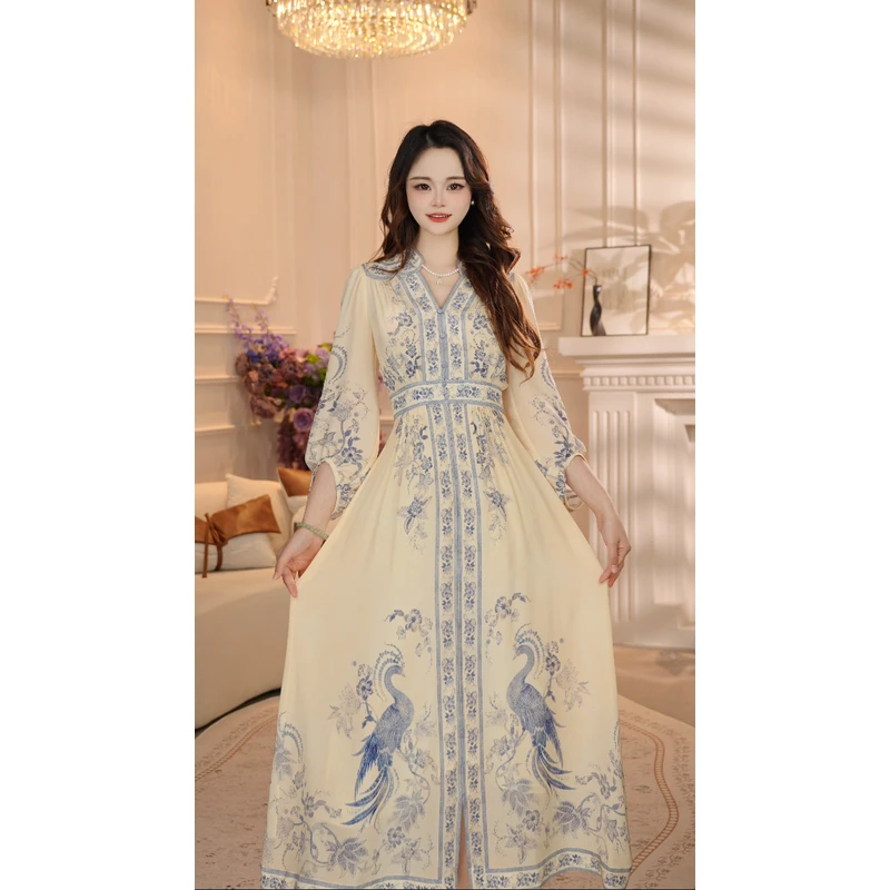 【青花瓷】25年时尚名媛风优雅气质收腰高端连衣裙