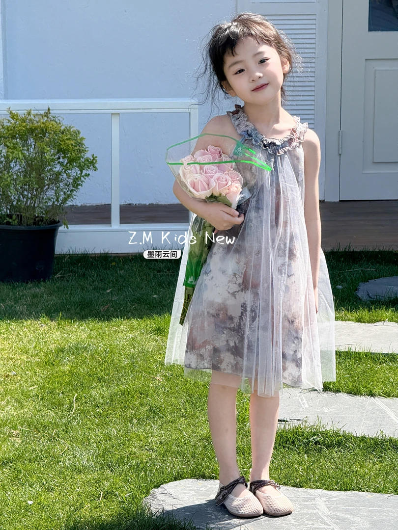 【墨雨云间】2025夏季儿童背心裙水墨灰美人肩女童连衣裙H-19496