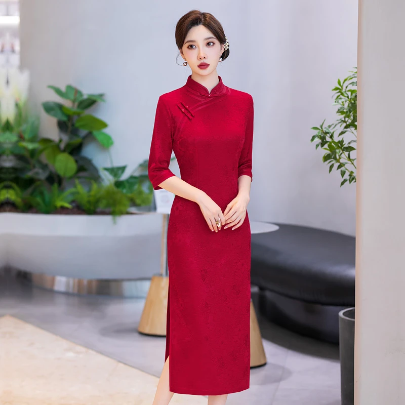 高档婆婆婚宴礼服红色旗袍长款春秋新款弹力提花中国风改良连衣裙