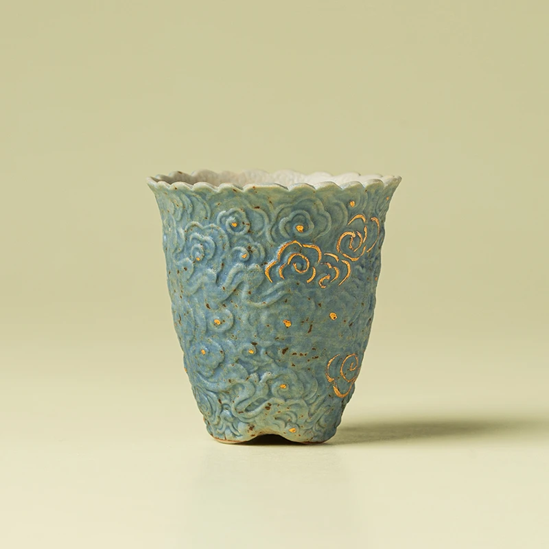 赞朴品蓝茶杯主人杯陶瓷描金浮雕祥云纹个人专用品茗杯子功夫茶具