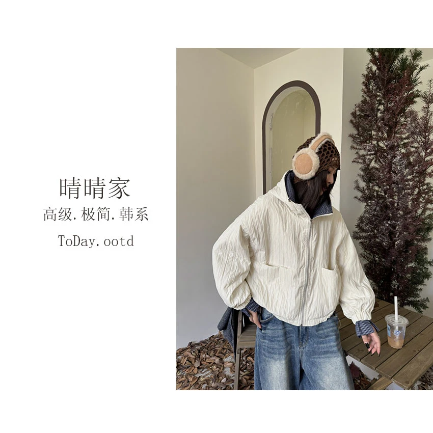 晴晴家-【白露落霜】早秋韩系复古连帽高级感百搭休闲棉服外套221