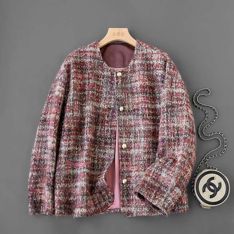 中古香风！精致粗花呢显瘦直筒圆领长袖外套夹克女春新