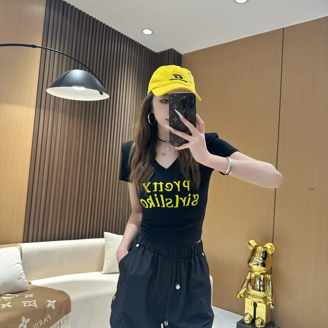 DA8058 【V领印花字母T恤】夏季韩版修身短款上衣女时尚休闲显瘦T恤