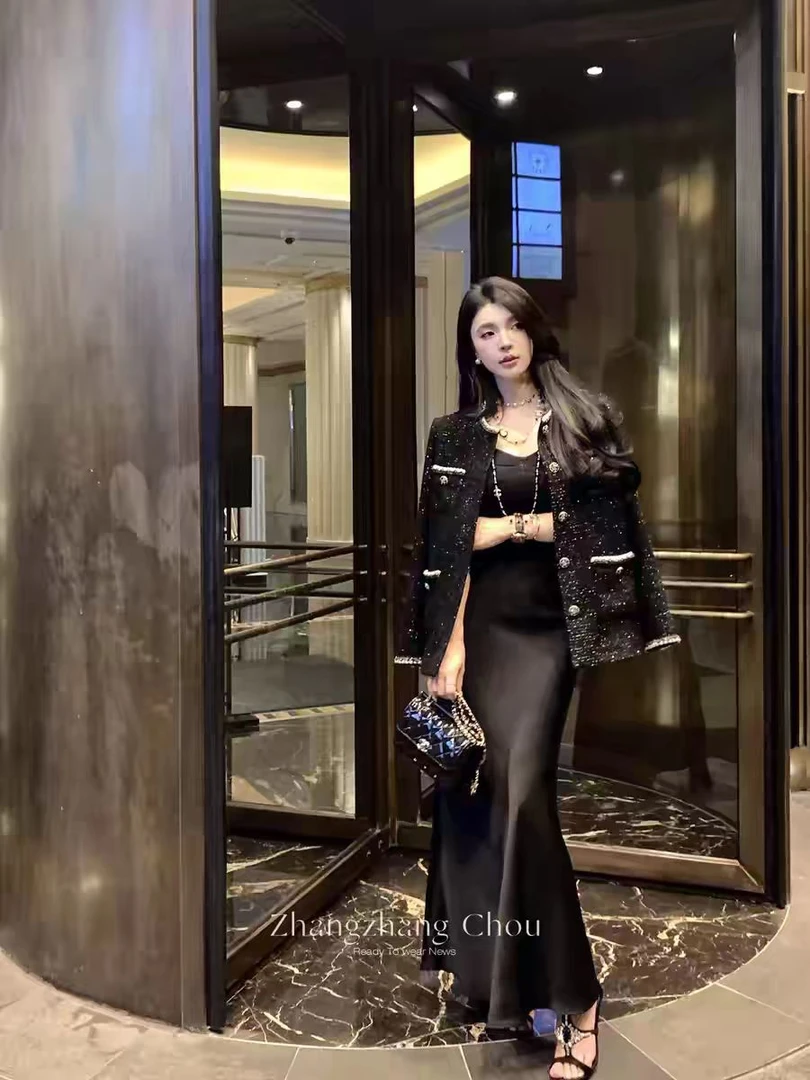 【圆圆】充绒法式富家千金高级感精致黑色长袖气质名媛小香风外套女