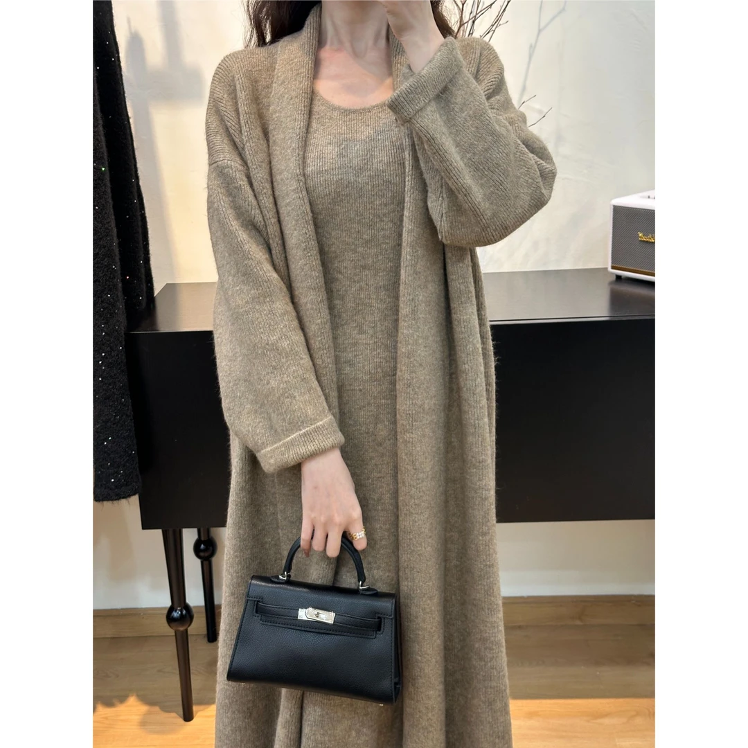 【高级两件套】2025秋冬新款加厚长款开衫女毛衣外套两件套背心裙