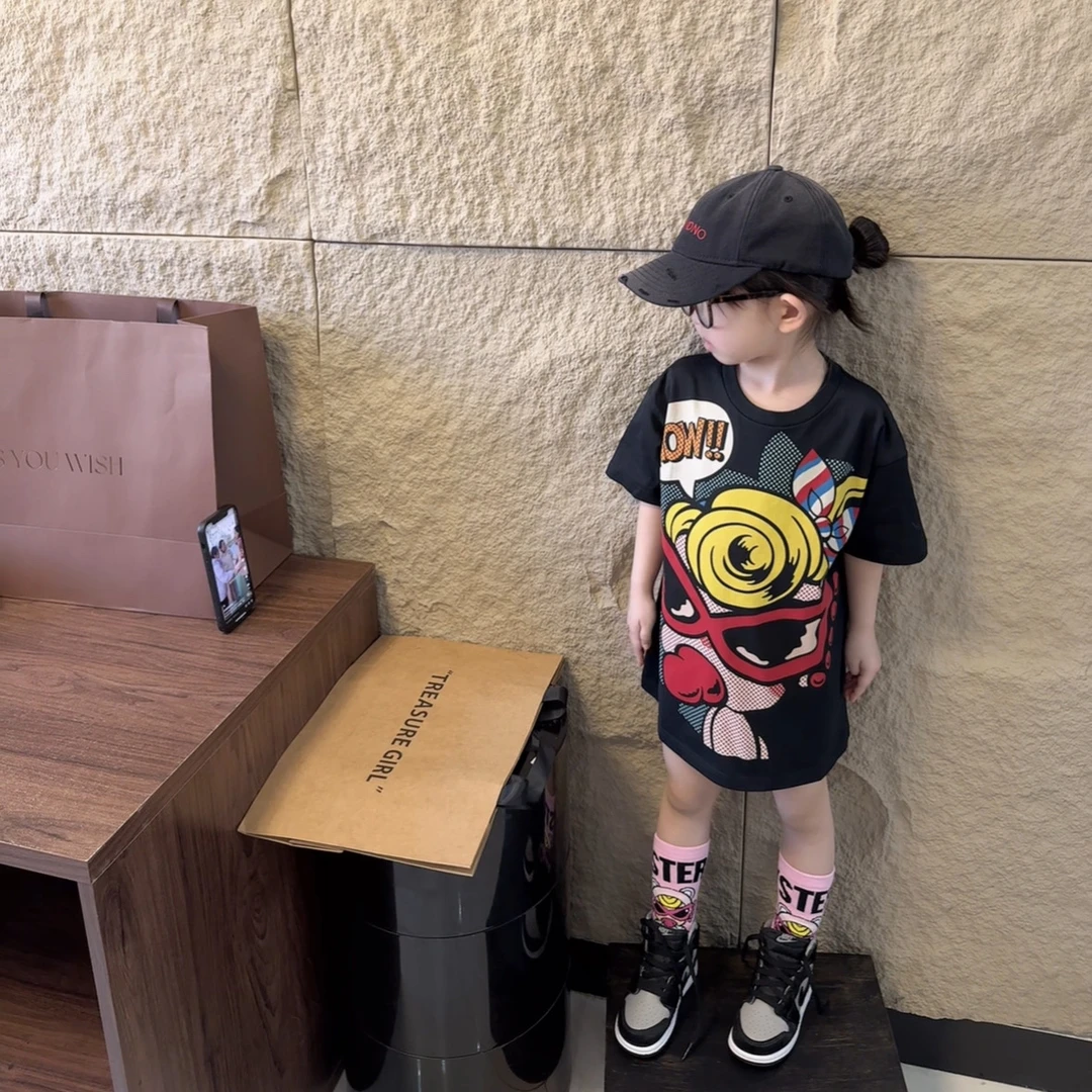 现货MZ.儿童夏季新款黑超大头奶嘴印花宽松长款t裙2159