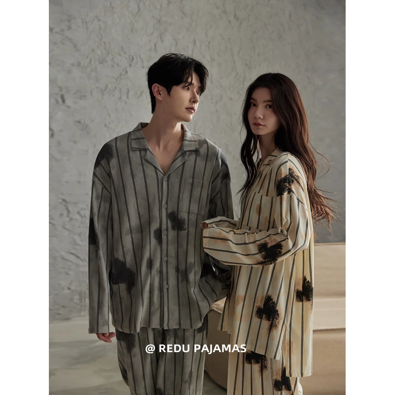 【柔软棉】热妒情侣睡衣女春秋条纹男长袖高级感带胸垫家居服套装