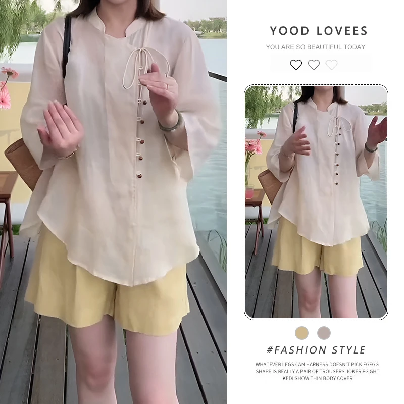 清冷风素色斜门襟禅意上衣高腰短裤女夏季文艺茶服中式国风套装潮