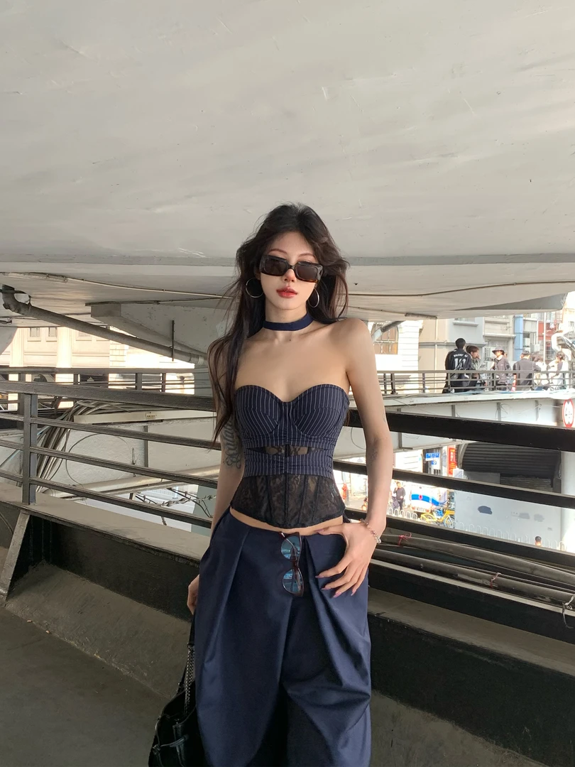 蕾丝背心吊带女2025夏季新款条纹拼接鱼骨胸衣抹胸上衣长裤两件套