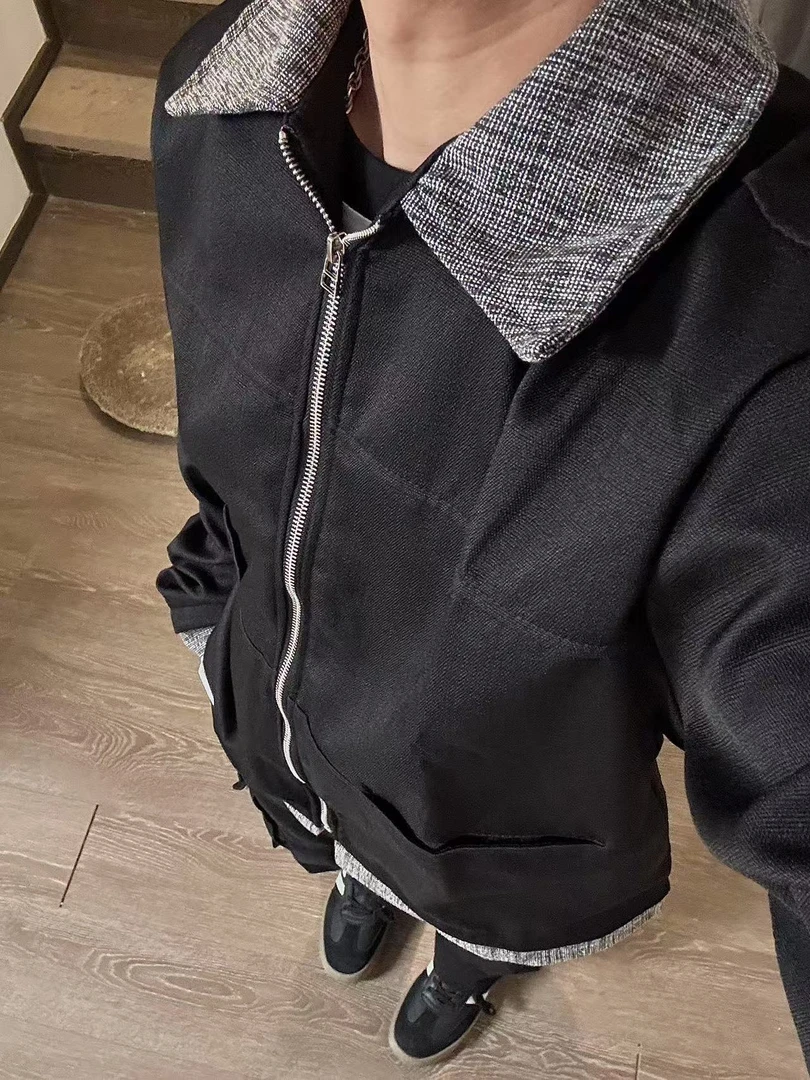 （懒猪）美式复古短款小香风夹克cleanfit撞色拼接翻领外套