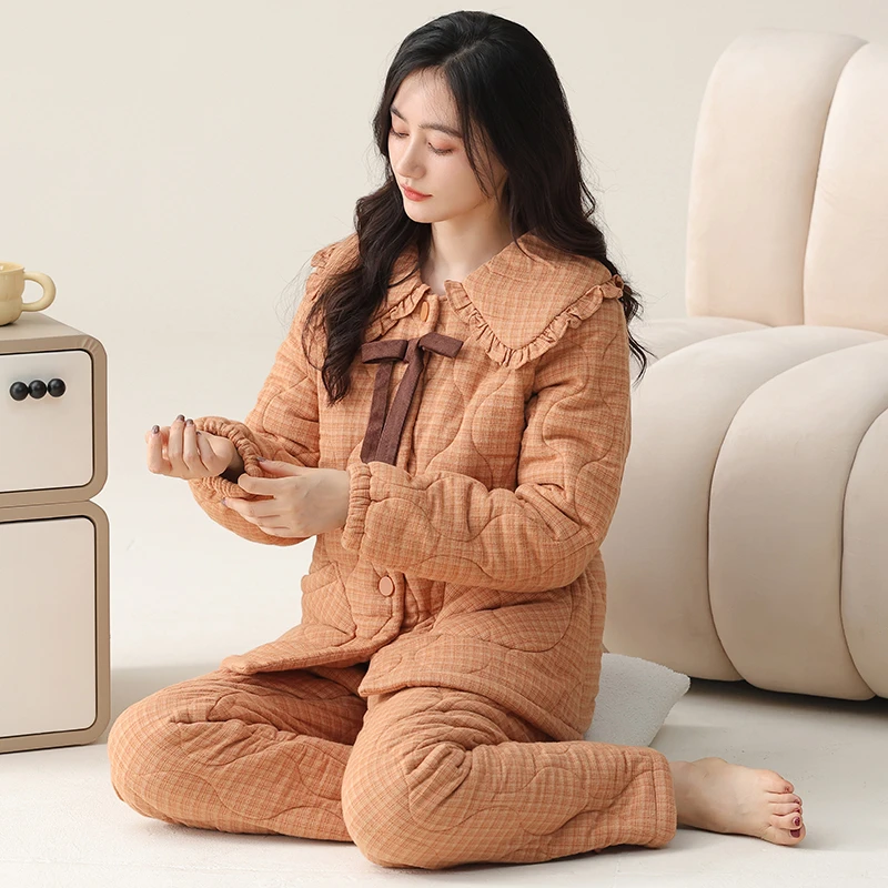 睡衣女冬季夹棉三层加厚冬法兰绒中青年妈妈梭织纯棉珊瑚绒家居服