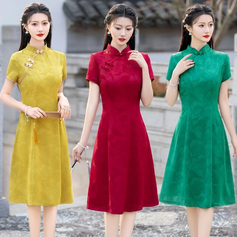 旗开得胜送考红色旗袍夏季新款高档醋酸提花改良新中式连衣裙