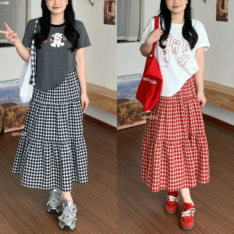 QINGYUS-格子高腰半身裙宽松时尚百搭裙子微胖显瘦春季大码女5695