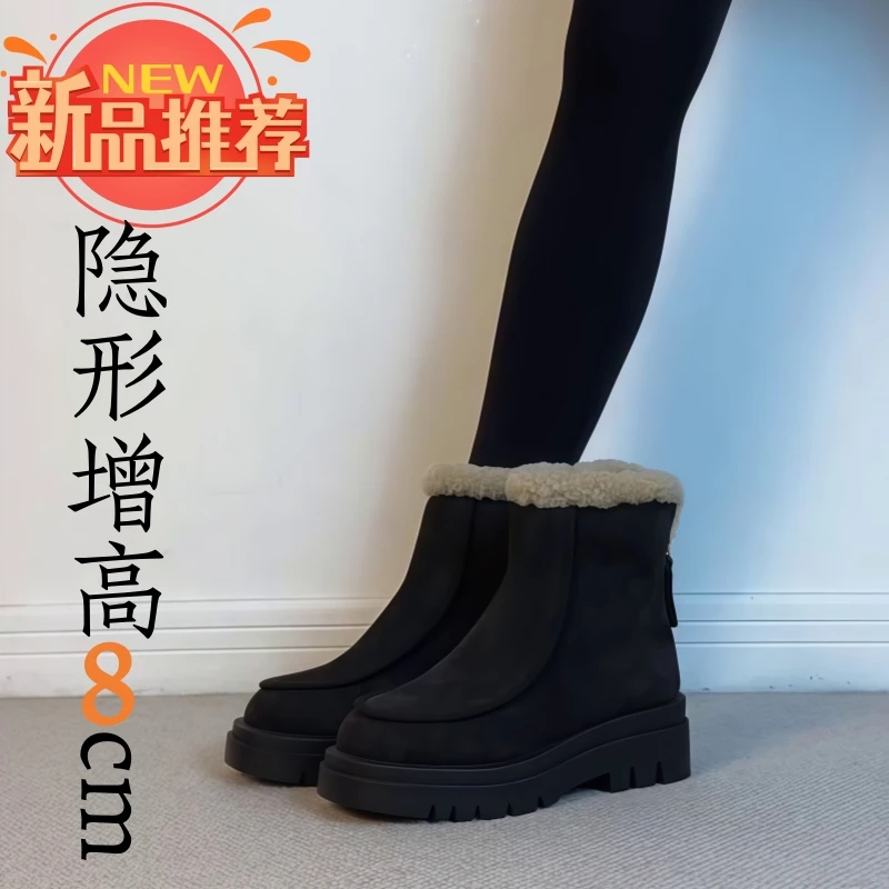 厚底内增高简约通勤防滑加绒保暖雪地靴休闲风纯色复古棉鞋百搭