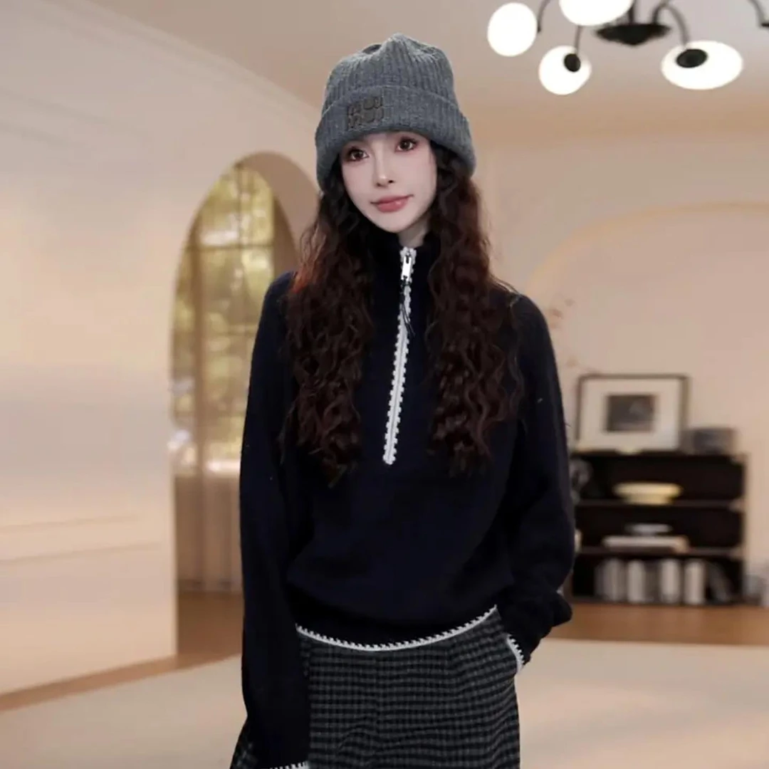 时尚高领半拉链毛衣女2025秋冬新款洋气慵懒风宽松显瘦长袖针织衫