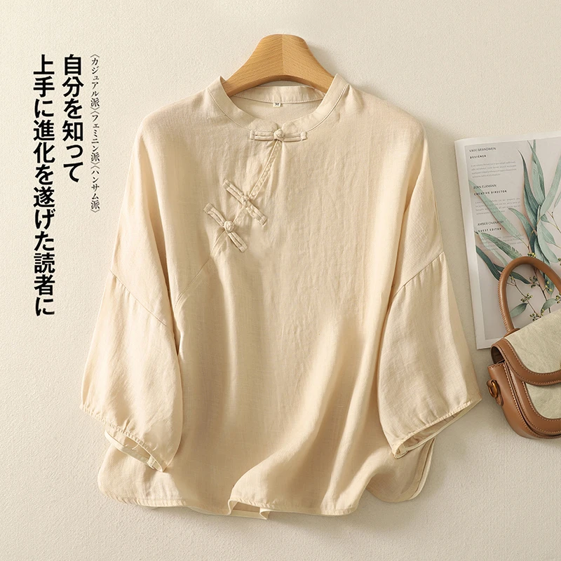 新中式盘扣苎麻衬衫女2025夏季新款休闲宽松国风斜襟妈妈棉麻上衣