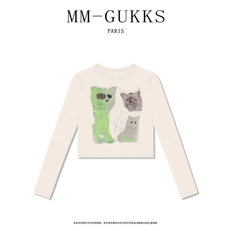明明GUKKS『防晒猫咪』夏季卡通小猫薄款防晒打底衫长袖T恤上衣