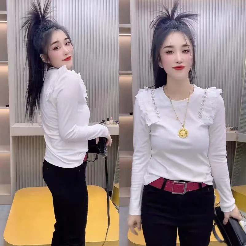 圆领长袖拼接蕾丝常规宽松型T恤修身打底衫春季针织休闲显瘦