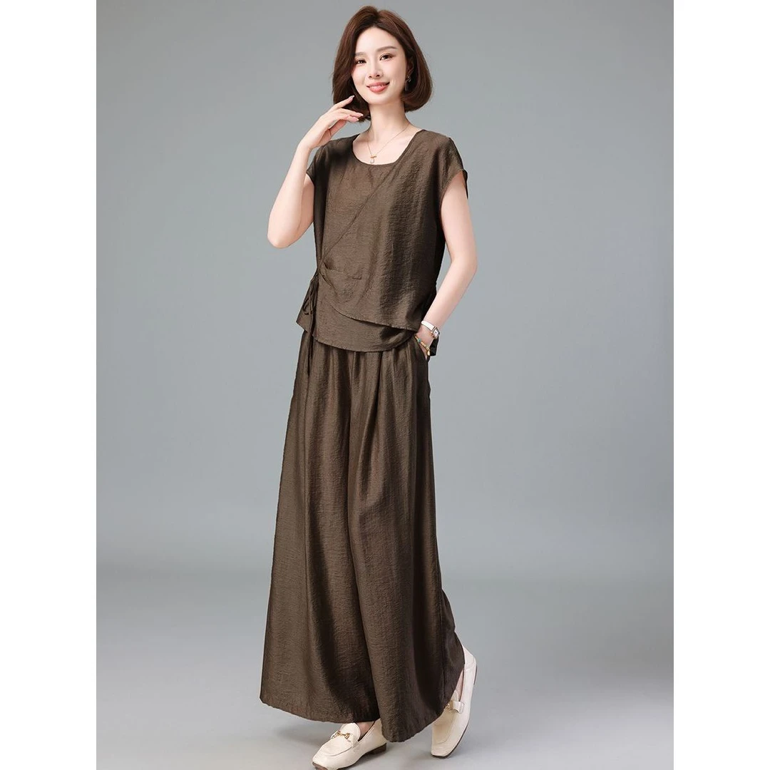 哥弟阿玛施正品品女夏季新款中年妈妈宽松遮肚子洋气减龄阔腿裤两