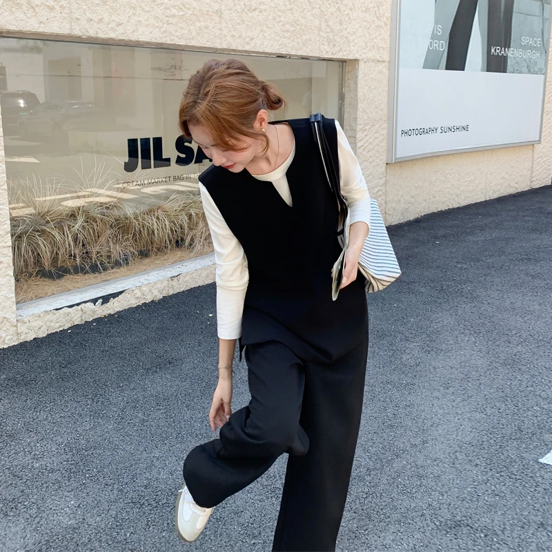 松弛感马甲T恤阔腿裤2025春秋新款韩系ins风休闲慵懒风盐系三件套