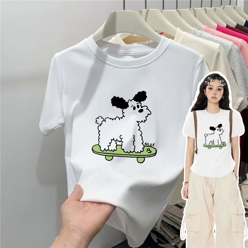 正肩显瘦显白短袖T恤女装设计感打底纯棉百搭卡通印花ins圆领上衣