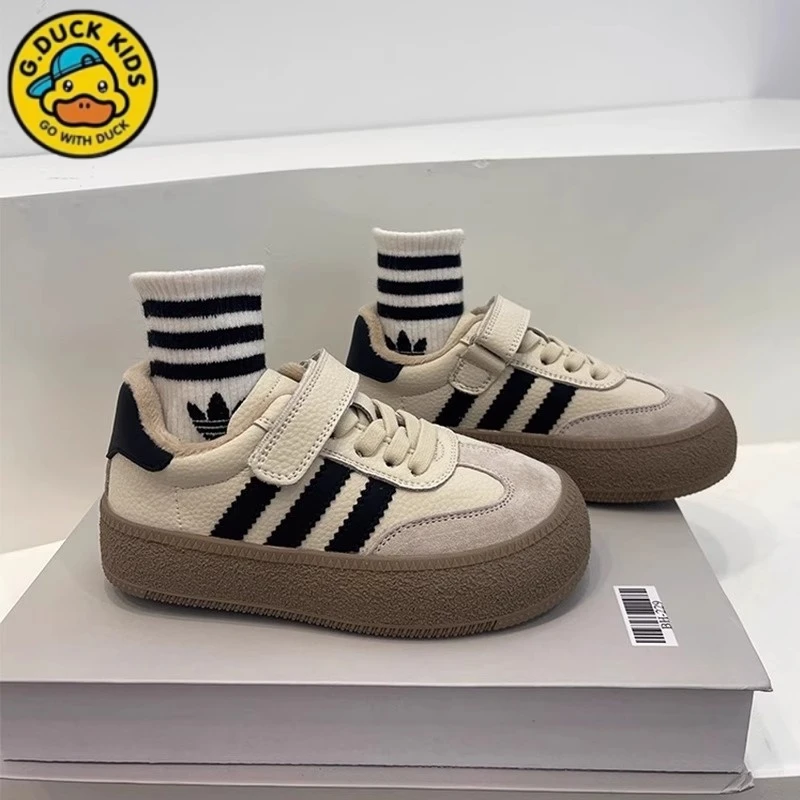 小黄鸭儿童板鞋2025秋冬加绒魔术贴女童休闲鞋男童运动鞋二棉童鞋