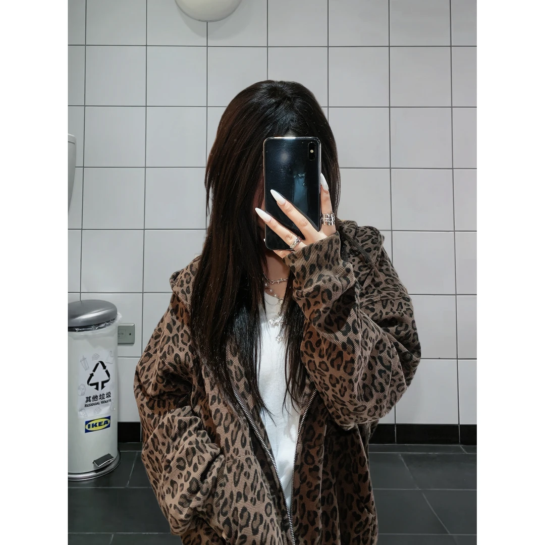 豹纹华夫格卫衣女秋冬连帽开衫情侣装保暖长袖拉链外套