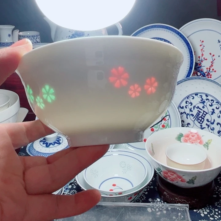青花玲珑5寸饭碗三星花彩玲珑