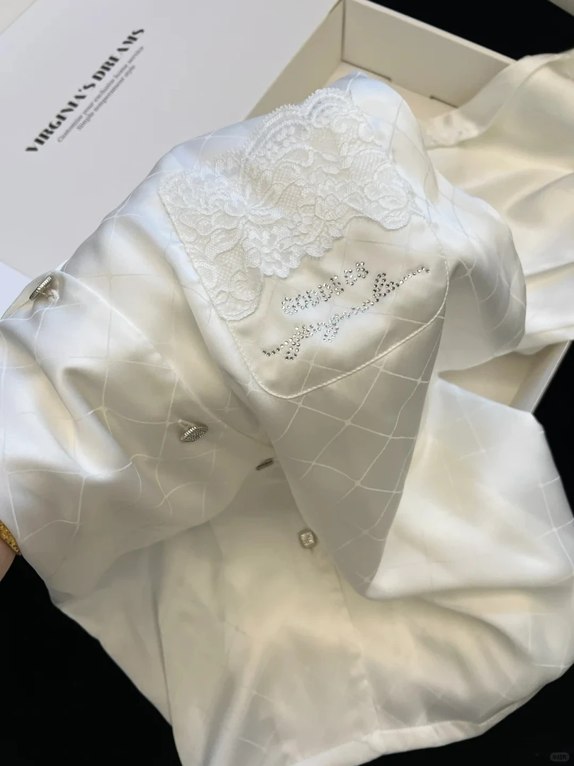 法式轻奢高级感格纹冰丝睡衣女春秋款蕾丝开衫长裤家居服套装外穿