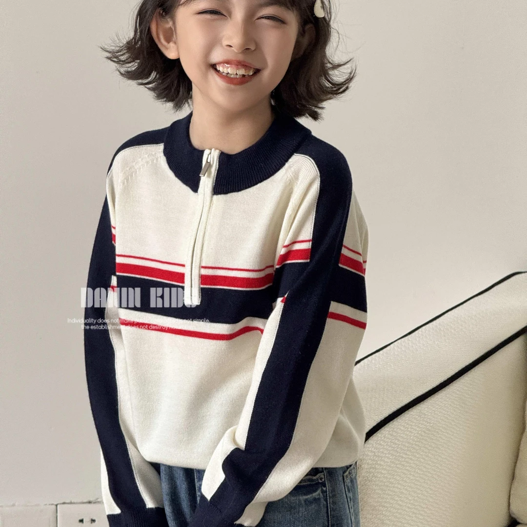 【嗒囜】女童学院风春季时尚撞色长袖针织上衣儿童半拉连套头针织衫