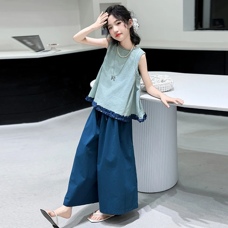 女童韩版无袖娃娃衫+裙裤两件套洋气夏装2025新款中大童两件套潮