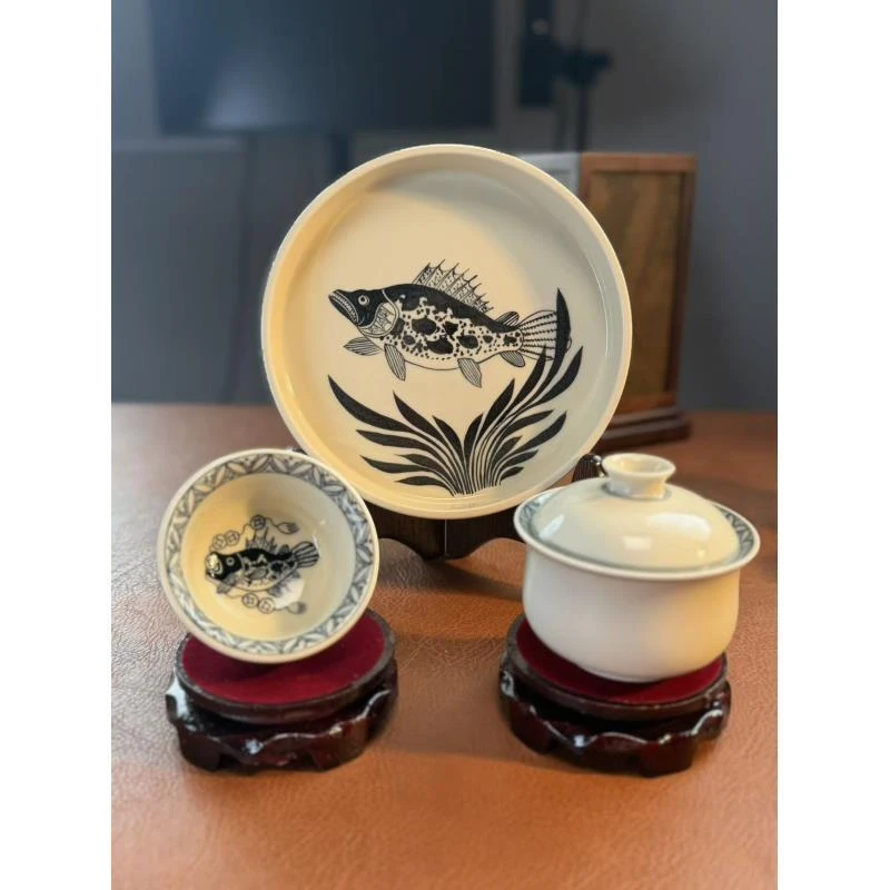 A229【景墨春风】景德镇手工手绘二号釉鱼藻系列套装