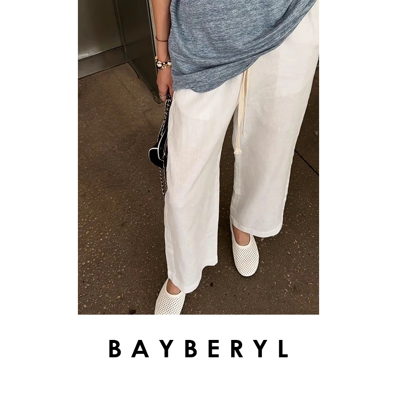 BAYBERYL老贝柔粉特调*亚麻经典抽绳直筒夏休闲裤XXK5E0609