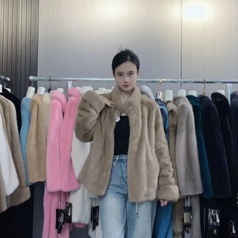 2025海宁新款网红真貂整貂水貂毛皮草女士时尚立领挽袖爆款外套