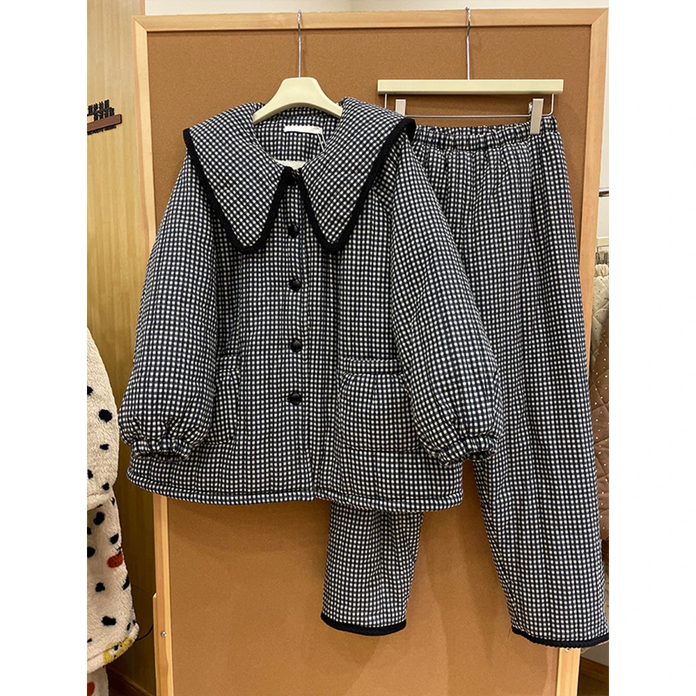 甜美少女千鸟格三层夹棉睡衣女2025秋冬款新款加厚保暖家居服套装