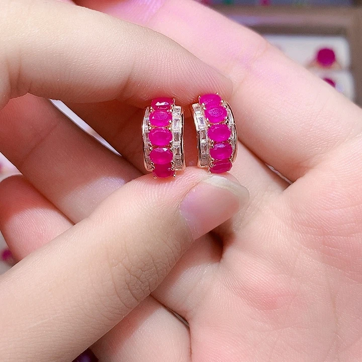 耳饰银S925镶嵌红宝石