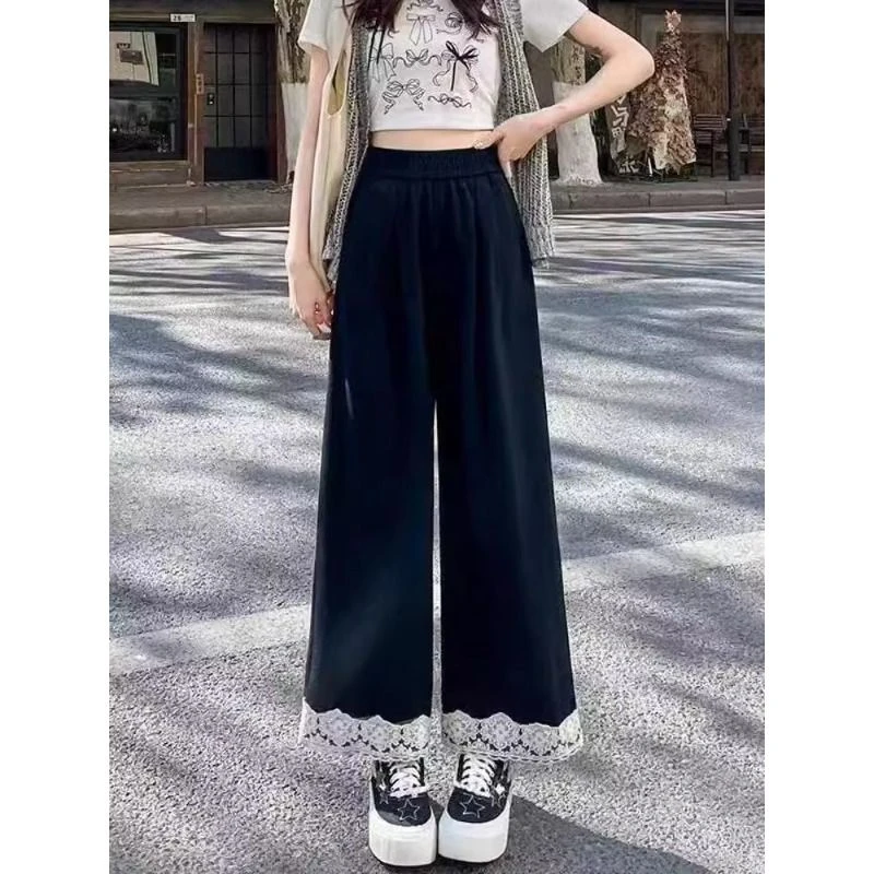 夏胖MM300斤大码蕾丝拼接裤子女直筒宽松显瘦垂感休闲九分阔腿裤